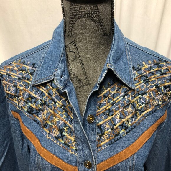 GW Graff Jean Shirt Jacket Womens Size Small Blue Denim Embroidered Western VTG - Picture 2 of 6